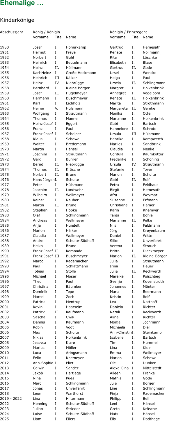 Ehemalige …  Kinderkönige  Abschussjahr	König / Königin					Königin / Prinzregent 	  	  Vorname 	Titel 	Name 			Vorname 	Titel 	Name  1950			Josef		I.	Honerkamp			Gertrud	I.	Hemesath 1951			Helmut	I.	Freye				Renate	I.	Nollmann 1952			Norbert	I.	Guhl				Rita		I.	Löschke 1953			Heinrich	I.	Beutelmann			Elisabeth	I.	Blase 1954			Heinz		II.	Höllmann			Gertrud	II.	Gode 1955			Karl-Heinz	I.	Große Heckmann		Ursel		I.	Wenske 1956			Heinrich	III.	Kälker			Helga		I.	Paul 1957			Heinz		IV.	Niebrügge			Ursela	II.	Schlingmann 1958			Bernhard	I.	Kleine Börger		Margret	I.	Holkenbrink	 1959			Josef		II.	Hügelmeyer			Annegret	I.	Vogelpohl 1960			Hermann	I.	Buschmeyer			Renate	II.	Holkenbrink 1961			Karl		I.	Eichholz			Marita		I.	Strothmann 1962			Heiner	V.	Hülsmann			Margareta	II.	Gemke 1963			Wolfgang	I.	Strautmann			Monika	I.	Otte 1964			Thomas	I.	Mannel			Marianne	I.	Holkenbrink 1965			Heinz-Josef	I.	Eggert			Gabi		I.	Bartsch 1966			Franz		I.	Paul				Hannelore	I.	Schrote 1967			Franz-Josef	I.	Scheiper			Ursula	III.	Hülsmann 1968			Klaus		I.	Schowe			Henrike	I.	Kampwerth 1969			Walter	I.	Bredemann			Marlies	I.	Sandbrink 1970			Martin	I.	Hänsel			Claudia	I.	Menke		 1971			Joachim	I.	Strautmann			Cordula	I.	Kaumkötter 1972			Gerd		I.	Bühren			Frederike	I.	Schöning 1973			Bernd		II.	Niebrügge			Ursula	IV.	Strautmann 1974			Thomas	II.	Krösche			Stefanie	I.	Tovar		 1975			Norbert	II.	Brune				Marion	I.	Schulte 1976			Hans JürgenI.	Schulte			Gabi		II.	Rolf 1977			Peter		I.	Hülsmann			Petra		I.	Feldhaus 1978			Joachim	II.	Landwehr			Birgit		I.	Hemesath	 1979			Wilhelm	I.	Wellmeyer			Afra		I.	Weymar	 1980			Rainer	I.	Nauber			Susanne	I.	Erfmann 1981			Martin	II.	Brune				Christiane	I.	Hamer 1982			Stephan	I.	Höpke			Karin		I.	Knemyer 1983			Olaf		I.	Schlingmann		Tanja		I.	Bohle 1984			Andreas	I.	Wellmeyer			Marianne	II.	Pelke 1985			Anja		I.	Hundelt			Nils		I.	Feldmann 1986			Marion	I.	Hälker			Jörg		I.	Kreyenbaum 1987			Claudia	I.	Wellmeyer			Daniel		I.	Witte 1988			Andre		I.	Schulte-Südhoff		Silke		I.	Unverfehrt 1989			Heiko		I.	Brune				Verena	I.	Strauch	 1990			Franz-Josef	II.	Kemnade			Britta		I.	Dieckmeyer	 1991			Franz-Josef	III.	Buschmeyer			Marion	II.	Kleine-Börger 1992			Marco		I.	Rademacher			Julia		I.	Strautmann 1993			Paul		I.	Schlattmann		Irina		I.	Heuer 1994			Tobias		I.	Stolle				Julia		II.	Reckwerth 1995			Michael	I.	Moser				Mareike	I.	Poischbeg	 1996			Theo		I.	Paul				Svenja	I.	Kovenstroth	 1997			Christina	I.	Bäumker			Johannes	I.	Mönter 1998			Dominik	I.	Tepe				Maria		I.	Beermann 1999			Marcel	I.	Zoch				Kristin	I.	Rolf 2000			Patrick	I.	Mentrup			Lea		I.	Notthoff 2001			Kevin		I.	Haarseim			Daniela	I.	Richter 2002			Patrick	II.	Kaufmann			Natali		I.	Reckwerth 2003			Sascha	I.	Cwik				Alina		I.	Richter 2004			Dennis	I.	Kaufmann			Monja		I.	Jochmann	 2005			Robin		I.	Vogt				Michaela	I.	Dier 2006			Max		I.	Schulte			Ann-Christin	I.	Steinkamp 2007			Niklas		I.	Holkenbrink			Isabelle	I.	Bartsch 2008			Jessyca	I.	Klare				Tim		I.	Hummel 2009 			Marius	I.	Möller				Lina		I.	Klein 2010			Luca		I.	Aringsmann			Emma	I.	Wellmeyer 2011			Felix		I.	Knemeyer			Marlen	I.	Schowe 2012			Ann-Sophie	I.	Pliet				Ole		I.	Dunker		 2013			Calwin	I. 	Sander			Alexa Gina	I.	Mittelstedt 2014			Jakob		I.	Hartlage			Aileen		I.	Franke 2015			Nina		I.	Pues				Mathis	I.	Gode 2016			Marc		I.	Schlingmann		Jule		I. 	Börger 2017			Jonas		I.	Unverfehrt			Line		I.	Schlingmann 2018			Leon		I.	Warthorst			Finja		I.	Rademacher 2019 - 2022		Lina		I.	Hiltermann			Philipp	I.	Bell 2022			Henning 	I.	Schulte-Südhoff		Leni		I.	Hänsel 2023			Julian		I.	Strieder			Greta		I.	Krösche 2024			Luise		I.	Schulte-Südhoff		Mats		I. 	Hänsel 2025			Liam		I.	Eilers				Elly		I.	Dodthage